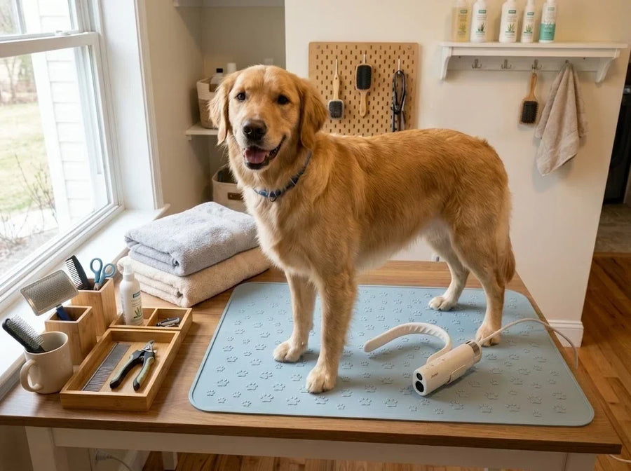 Dog standing on a non-slip grooming mat surrounded by brushes, towels, and grooming tools