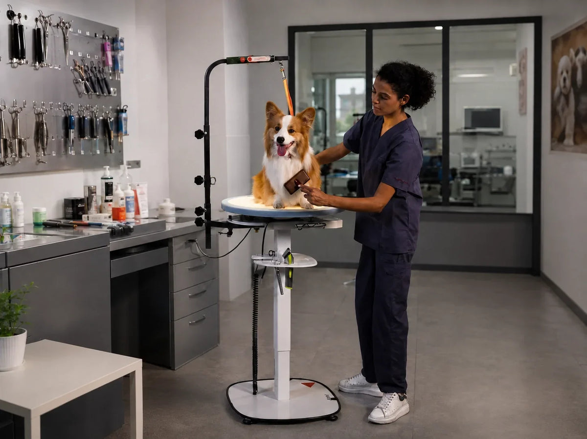 Professional dog grooming salon with grooming table, force dryer, and tools in active use