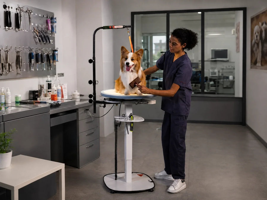 Professional dog grooming salon with grooming table, force dryer, and tools in active use
