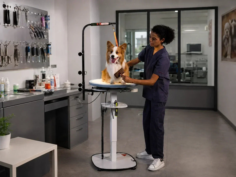 Professional dog grooming salon with grooming table, force dryer, and tools in active use